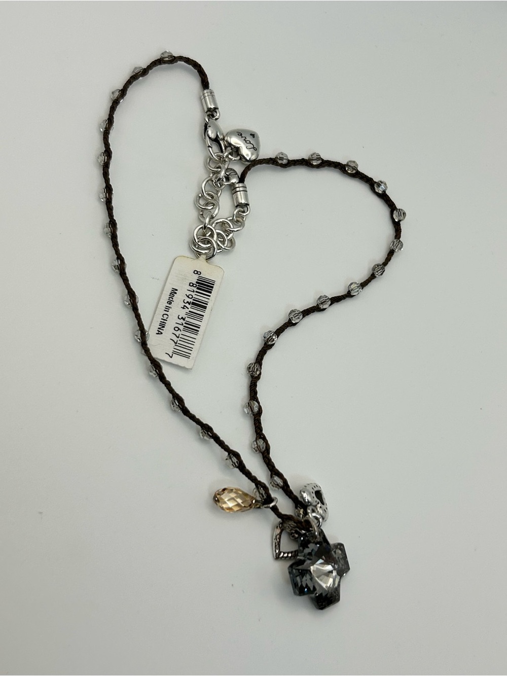 Brighton Karma Cross Necklace Brown Beaded Cord Smoky Gray Crystal Cross J45372 - Picture 7 of 14